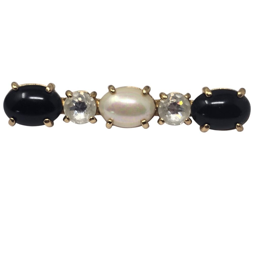 Christian Dior Vintage Art Glass Black Cabochon & Faux Pearl Bar Brooch Pin
